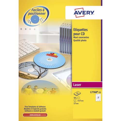 AVERY Boîte de 50 étiquettes Laser monochrome pour CD et DVD L7676-25
