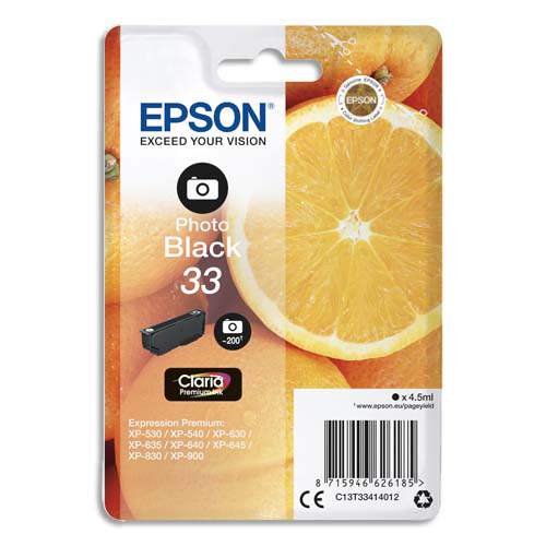 EPSON Cartouche Jet d'Encre Claria Premium Noir Photo ''Oranges'' 33 (T3341) - C13T33414012 (dont eco-taxe de 0,01 €)