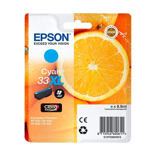 EPSON Cartouche Jet d'Encre Claria Premium Cyan (XL) ''Oranges'' 33 - C13T33624012 (dont eco-taxe de 0,01 €)