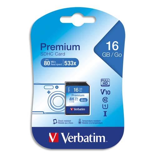 VERBATIM Carte SDHC 16Go Premium Class 10 43962 (dont eco-taxe de 0,02 €) (dont taxe copie privée de 1,50 €)