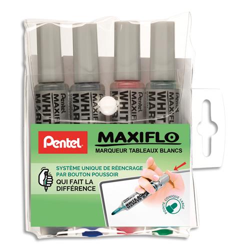 PENTEL Pochette 4 marqueurs effaçables sec, pointe ogive, encre liquide Noir,Bleu,Vert,Rouge MAXIFLO