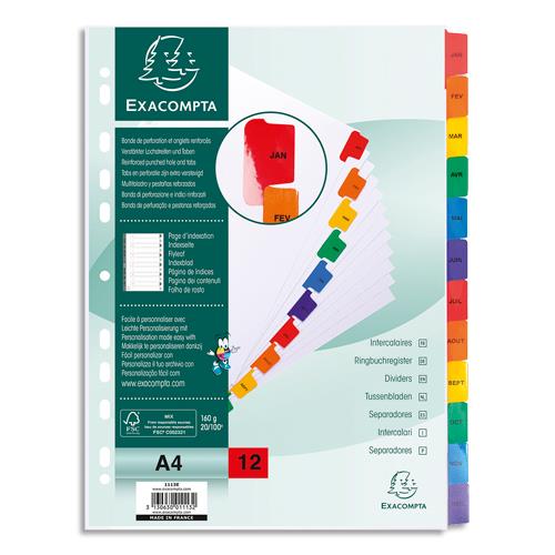 EXACOMPTA Jeu d'intercalaires janvier à décembre 12 touches, A4, carte Blanche 170g, onglets Mylar®