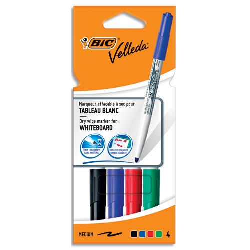 BIC Velleda 1741 Feutres pour Tableau Blanc Effaçables à Sec, Pte Conique Moy - Assortis, Pochette de 4