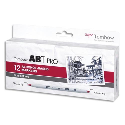 TOMBOW Set de 12 marqueur à base d'alcool ABT PRO, pointe en nylon et pointe biseautée, Couleur gris.