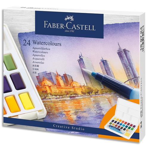 FABER CASTELL Boîte de 24 Demi godets Aquarelle. Palette détachable. Pinceau à eau forurni.