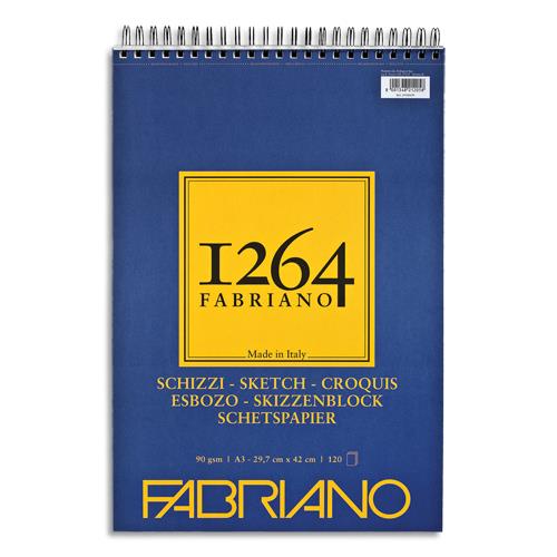 FABRIANO Bloc 1264 papier croquis. 120 feuilles A3. Papier blanc ivoire 90 g/m². Spirale sur la largeur