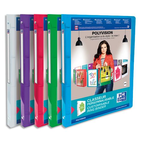 OXFORD Classeur OXFORD POLYVISION A4 dos 20 mm 4 anneaux ronds en PP translucide assorti