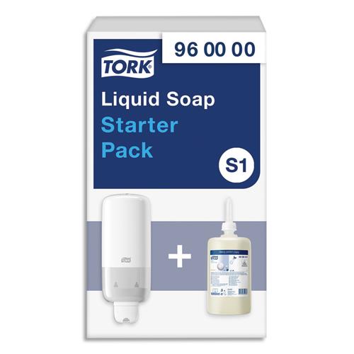 TORK Pack S1 Starter Distributeur de savon + recharge d'1 litre de savon liquide doux parfumé