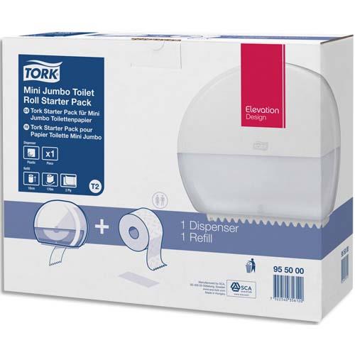 TORK Pack T2 Starter Distributeur de papier toilette + recharge Premium Mini Jumbo 170 m doux Blanc