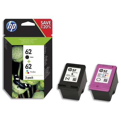 HP 62 Pack de 2 Cartouches d'Encre Noire et Trois Couleurs Authentiques (N9J71AE) (dont eco-taxe de 0,04 €)
