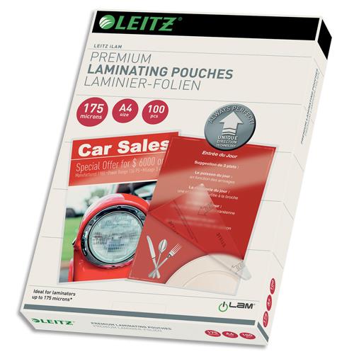 LEITZ Pochettes de plastification, 175 microns par face, format A4, boîte de 100, brillant, 74830000