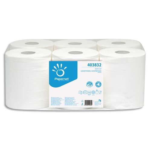 PAPERNET Paquet de 6 Bobines d'essuyage à dévidage central 2 plis pure cellulose, 450 formats L108m Blanc