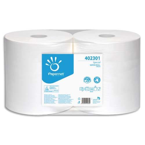 PAPERNET Paquet de 2 Bobines d'essuyage industrielle 2 plis pure cellulose, 1000 formats L305m Blanc