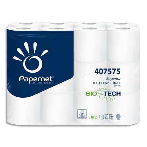 PAPERNET Paquet de 24 rouleaux de Papier toilette Bio Tech 2 plis pure cellulose 180 fts L19,80m Blanc