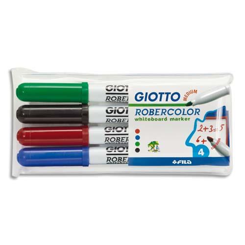 GIOTTO Pochette de 4 feutres effaçable à sec pointe ogive moyenne 4mm Bleu, Noir, Rouge, Vert