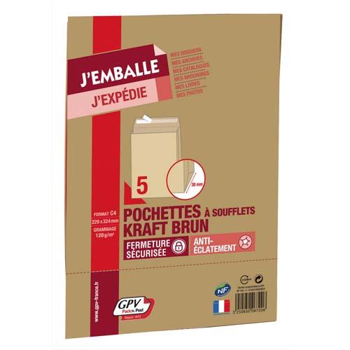 GPV paquet de 5 pochettes kraft brun auto-adhésif, format C4 229x324mm soufflet 30mm 120g