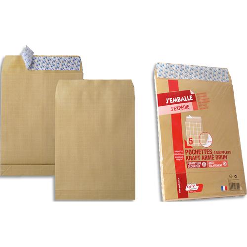 GPV Paquet de 5 pochettes kraft armé 120g 24 à 3 soufflets de 3cm 6722