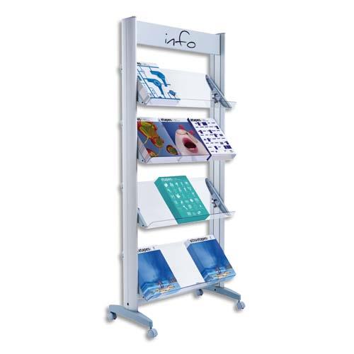 PAPERFLOW Présentoir mobile, 4 tablettes XL orientables. En alu et plexi. Dim. L72 x H167,8 x P38,5 cm (dont eco-taxe mobilier de 1,11 €)