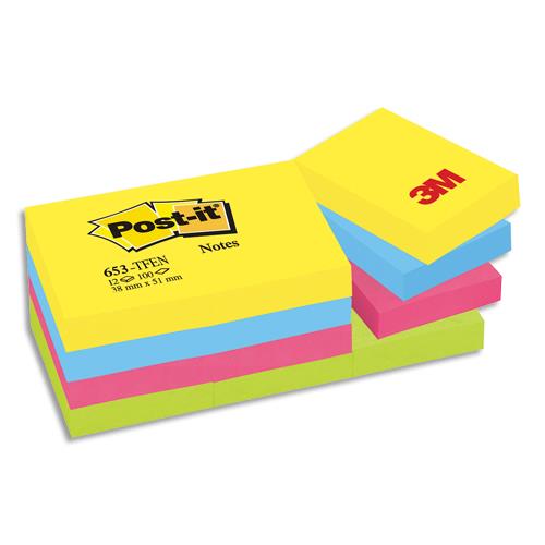 POST-IT Lot de 12 blocs repositionnables coloris énergique dimensions 38x51mm 653TF