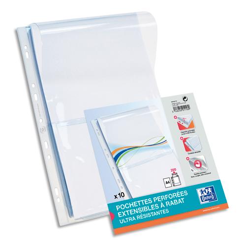 OXFORD Sachet de 10 pochettes-plan avec rabat en PVC 30/100e. Format A4, perforation 9 trous