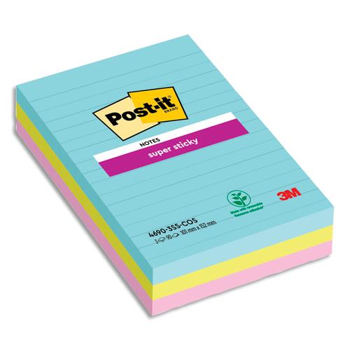 POST-IT Lot de 3 blocs Notes Super Sticky POST-IT® couleurs COSMIC 90 feuilles lignées 101 x 152 mm