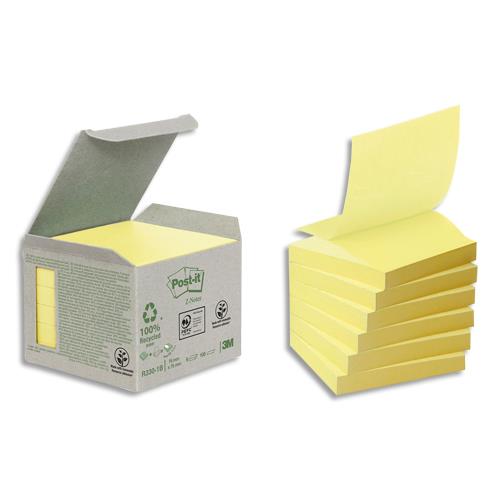 POST-IT Tour de 6 blocs de Z-notes 100% recyclées Jaunes 76X76mm - Bloc de 100 feuilles