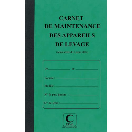 ELVE Piqûre 32 pages carnet maintenance p/ appareil de levage folioté de 1 à 15. Format 21x13cm