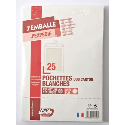 GPV Paquet de 25 pochettes vélin Blanc dos carton format C4 120g auto-adhesives 570