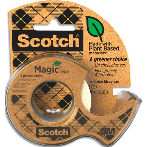 SCOTCH Dévidoir à main transparent en plastique recyclé 100% avec rouleau Magic recyclé 19mm x 20m