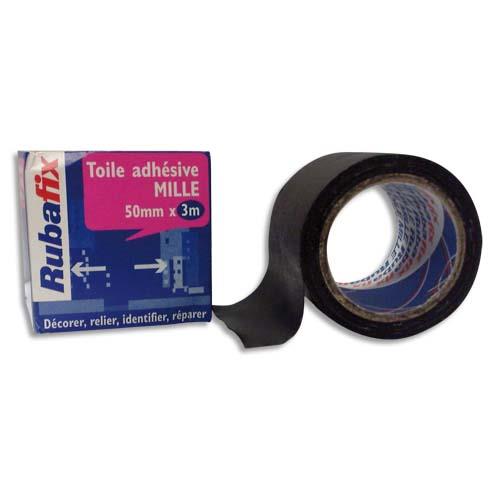 RUBAFIX Toile adhésive MILLE, plastifiée et imperméable, rouleau de 50mmx 3m Noir