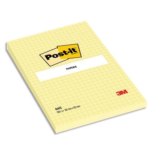 POST-IT Bloc repositionnable de 100 feuilles 102 x 152 mm Jaune quadrillé