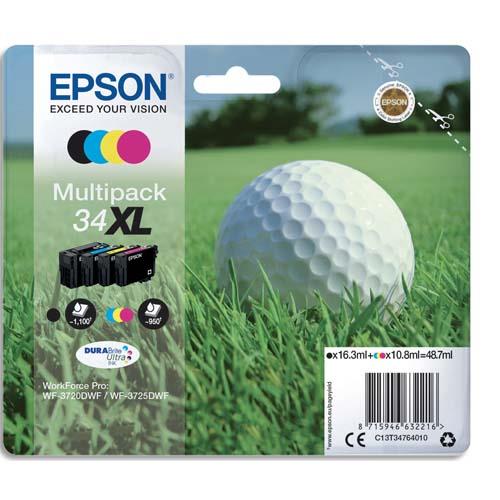 EPSON Multipack Cartouches Jet d'Encre DURABrite Ultra 4coul ''Balle de Golf'' 34XL (T3476) C13T34764010 (dont eco-taxe de 0,02 €)