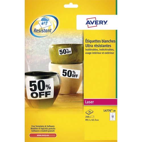 AVERY Boîte de 240 étiquettes Laser inaltérables Blanches 99,1 x 42,3 mm L4776-20