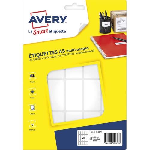 AVERY Sachet de 320 étiquettes multi-usage Blanches 48,5 x 25 mm. Planche format A5. ETE020