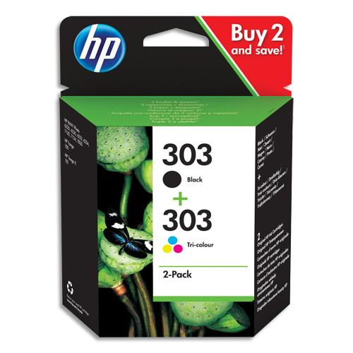 HP 303 Pack de 2 Cartouches d'Encre, Noire et Trois Couleurs, Authentiques (3YM92AE) (dont eco-taxe de 0,04 €)