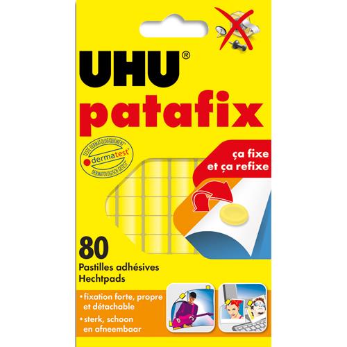 UHU Etui de 6 bandes prédécoupées de 80 pastilles Patafix Jaune. Repositionnable à volonté.