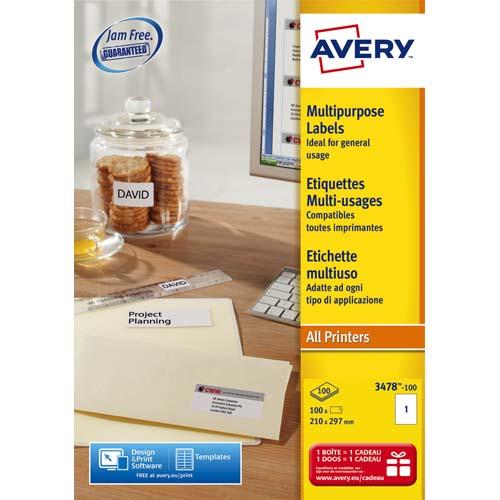 AVERY Boîte de 100 étiquettes Blanches multi usages 210x297mm - pour Laser. Jet d'encre et copieur