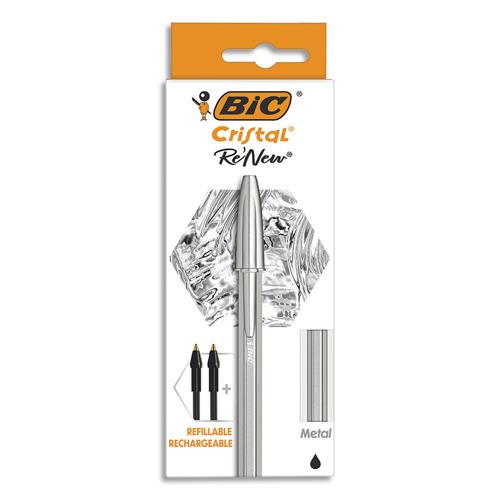 BIC Cristal Re'New Stylo-Bille Pointe Moyenne Corps Argenté + Cartouches d'Encre Rechargeables Noir x1+2