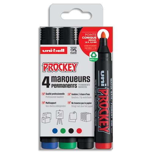 [489504] UNI-BALL 4 marqueurs permanents pointe ogive encre pigmentée à base d'eau 4 couleurs UNI PROCKEY PM122