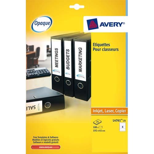[496768] AVERY Boîte de 100 étiquettes Laser pour dos de classeur 192X61 L4761-25