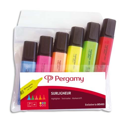 [500925] PERGAMY Pochette de 6 surligneurs pointe biseautée coloris assortis