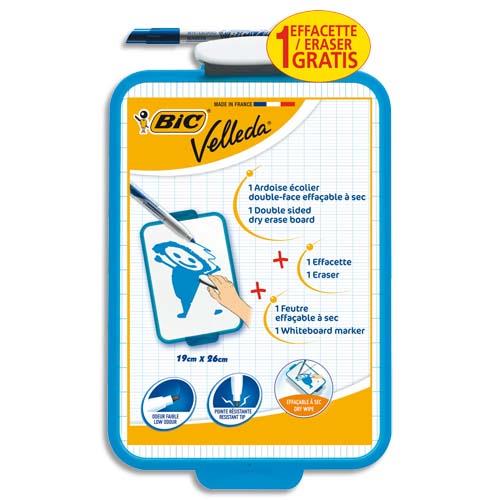 [507922] BIC Velleda Ardoise Ecolier Double Face Effaçable + Feutre Bleu Effaçable + Effacette - Turquoise x1
