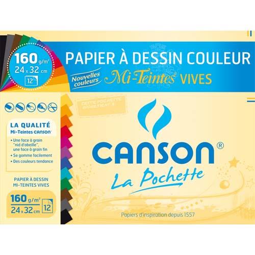[526016] CANSON Pochette de 12 feuilles papier dessin MI-TEINTES 160g 24x32cm assortis vifs Ref-317103