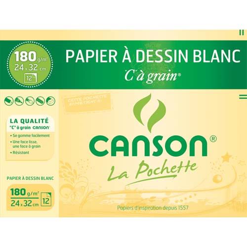 [526806] CANSON Pochette de 12 feuilles 24x32cm papier dessin Blanc C A GRAIN 180g