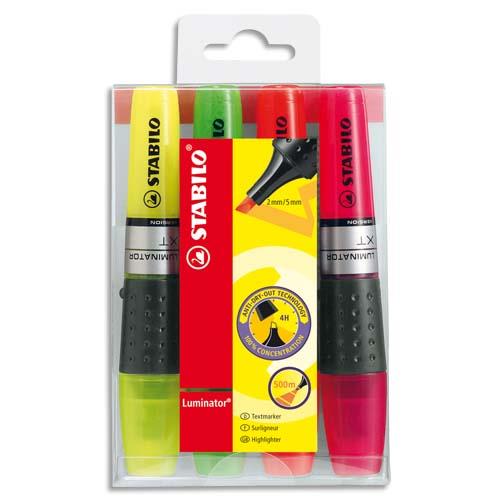 [527801] STABILO LUMINATOR surligneur pointe biseautée - Pochette de 4 surligneurs fluo - Jaune/Vert/Orange/Rose