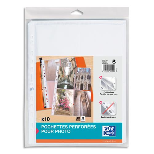 [530443] OXFORD Sachet de 10 pochettes perforées en polypro 9/100e. Format A4. 4+4 photos 10x15cm. Incolore