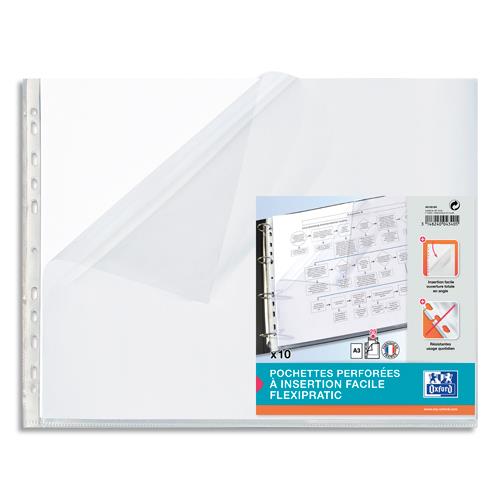 [555095] OXFORD Sachet de 10 pochettes perforéees en polypro lisse 9/100e,ouverture totale sur côté. Format A3