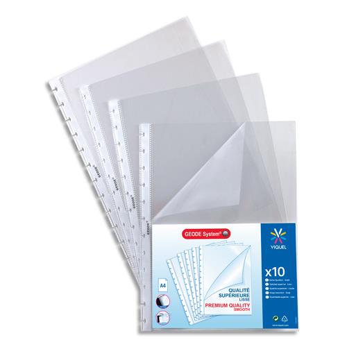 [555303] VIQUEL Sachet de 10 pochettes perforées à ouverture coin pour reliure Maxi-Géode polypropylène 8/100e