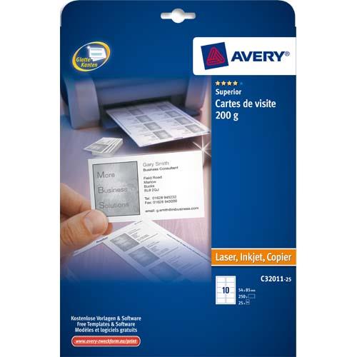 [571879] AVERY Pochette de 250 cartes de visite (85x54 mm) 200g coins droits Laser & Jet d'encre finition mate