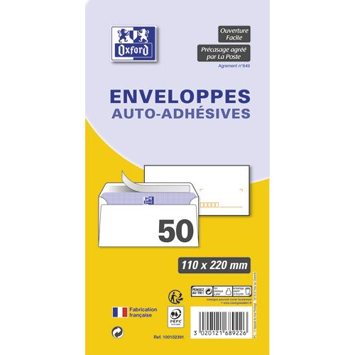 [663443] OXFORD Paquet de 50 enveloppes Blanches pré-casées auto-adhésives 80g format 110x220mm DL